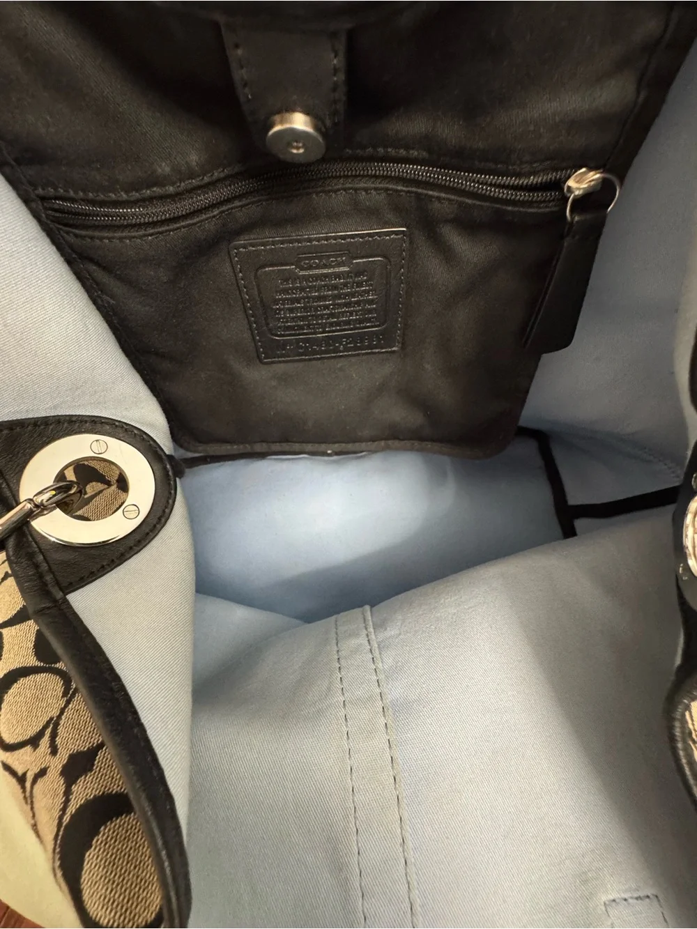 Coach Signature Canvas Shoulder Tote in Khaki and Black
